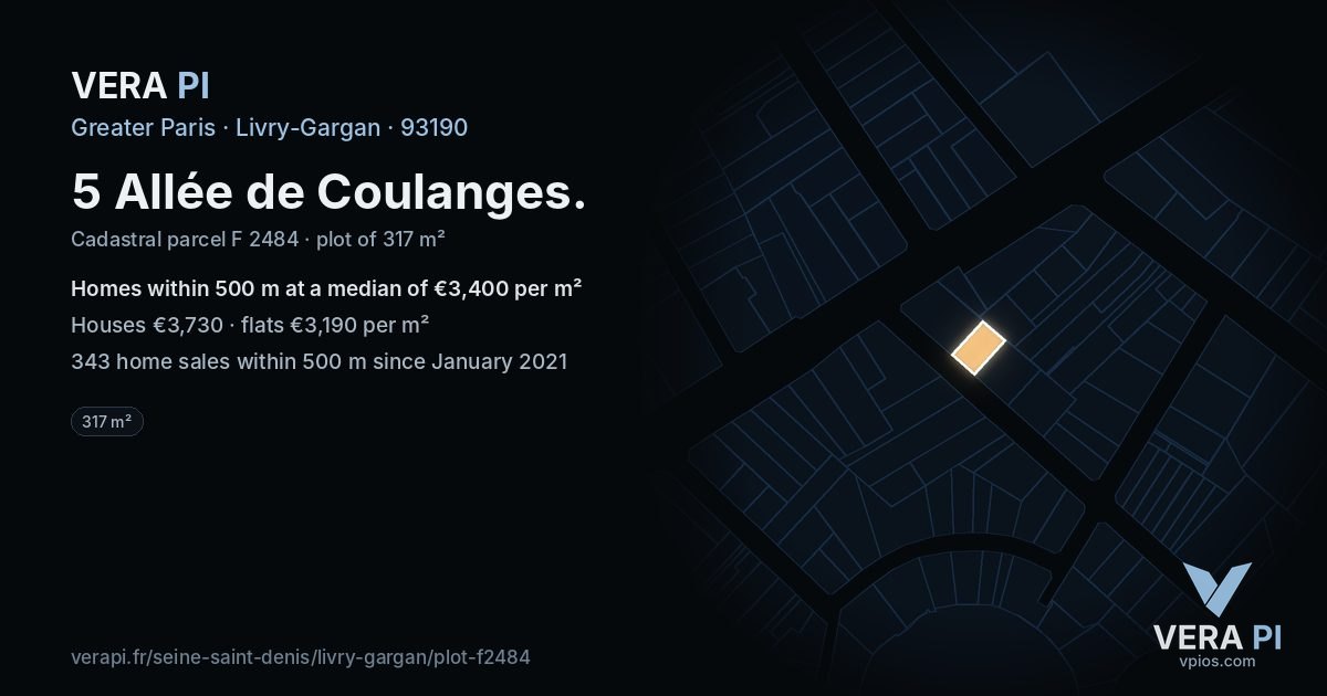 5 Allée de Coulanges, Livry-Gargan at night – the plot lit, the parcels around coloured by the prices near them