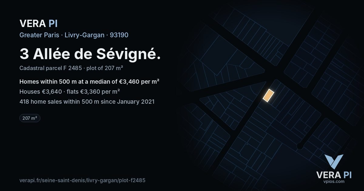 3 Allée de Sévigné, Livry-Gargan at night – the plot lit, the parcels around coloured by the prices near them