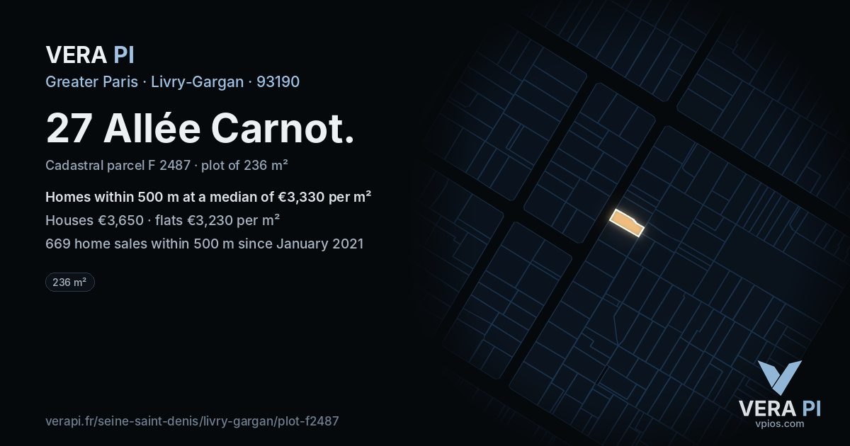 27 Allée Carnot, Livry-Gargan at night – the plot lit, the parcels around coloured by the prices near them