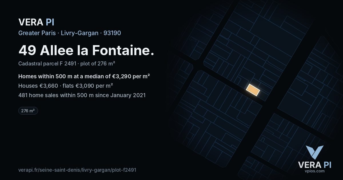 49 Allee la Fontaine, Livry-Gargan at night – the plot lit, the parcels around coloured by the prices near them