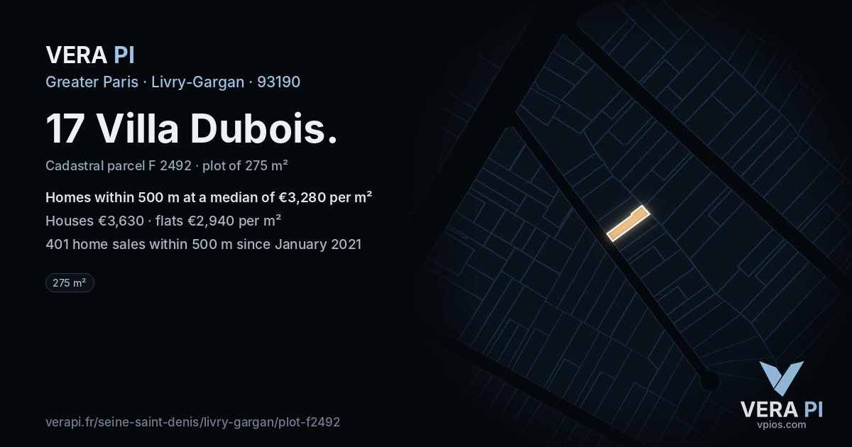17 Villa Dubois, Livry-Gargan at night – the plot lit, the parcels around coloured by the prices near them
