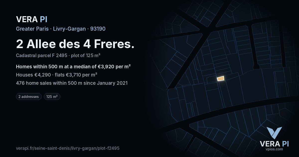 2 Allee des 4 Freres, Livry-Gargan at night – the plot lit, the parcels around coloured by the prices near them