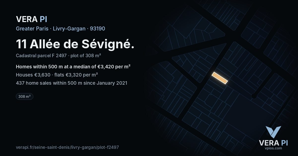 11 Allée de Sévigné, Livry-Gargan at night – the plot lit, the parcels around coloured by the prices near them
