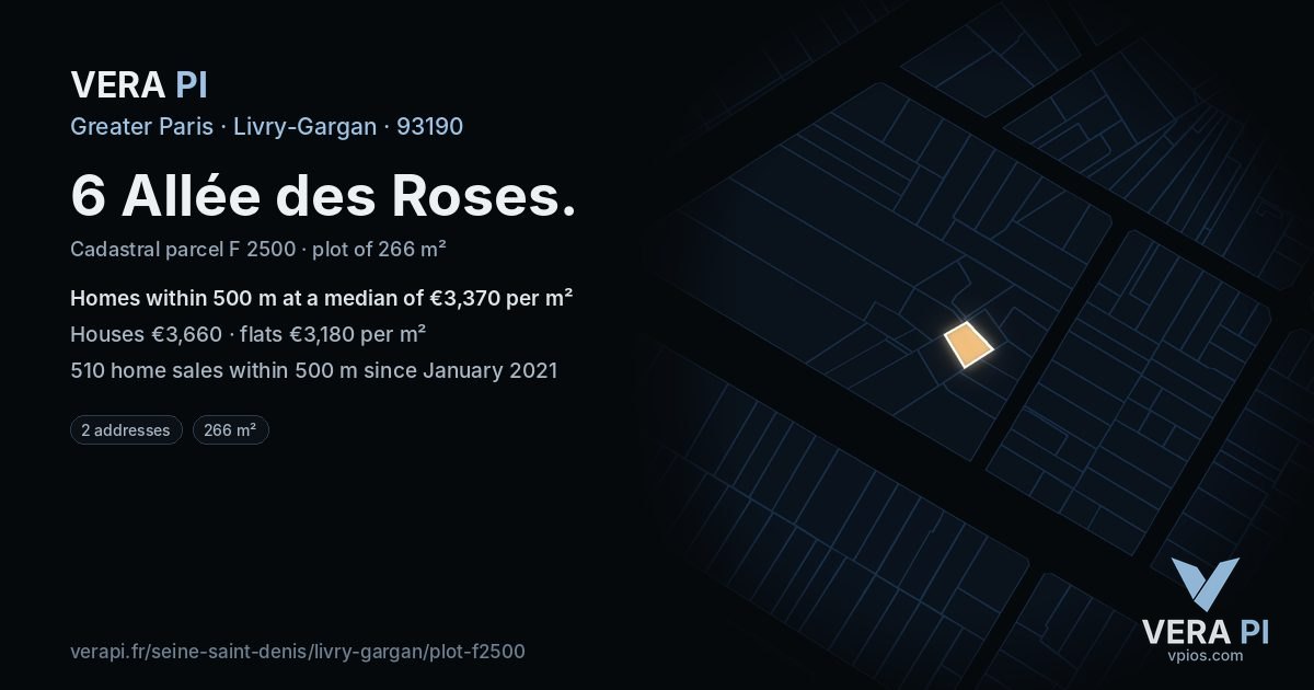 6 Allée des Roses, Livry-Gargan at night – the plot lit, the parcels around coloured by the prices near them