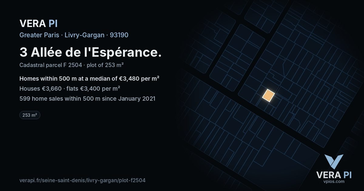 3 Allée de l'Espérance, Livry-Gargan at night – the plot lit, the parcels around coloured by the prices near them