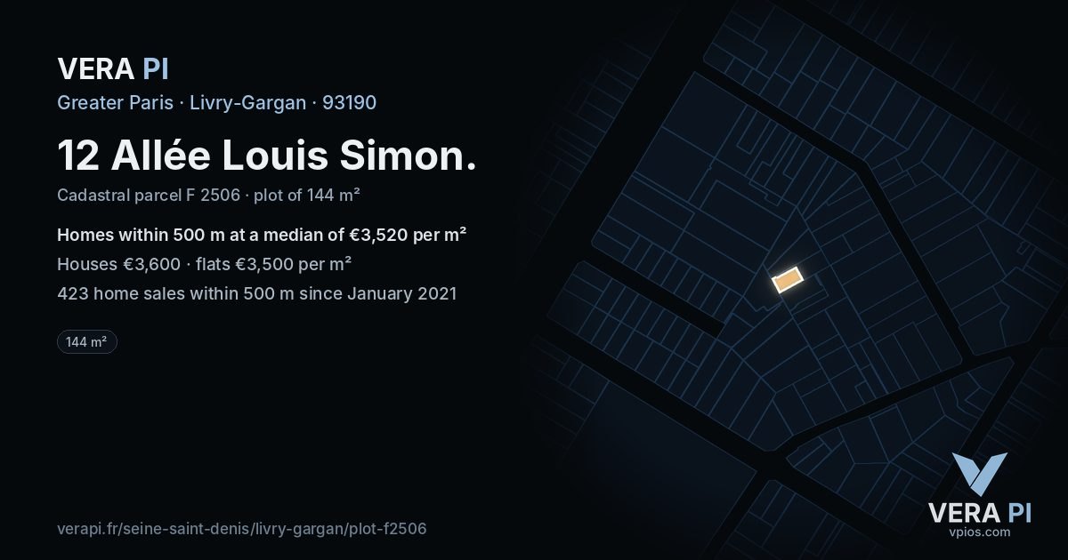 12 Allée Louis Simon, Livry-Gargan at night – the plot lit, the parcels around coloured by the prices near them