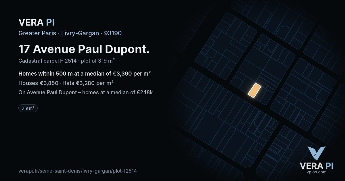 17 Avenue Paul Dupont, Livry-Gargan at night – the plot lit, the parcels around coloured by the prices near them