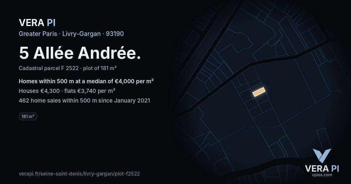 5 Allée Andrée, Livry-Gargan at night – the plot lit, the parcels around coloured by the prices near them