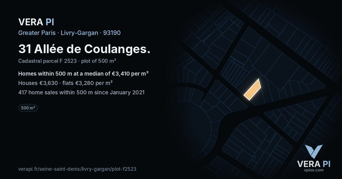 31 Allée de Coulanges, Livry-Gargan at night – the plot lit, the parcels around coloured by the prices near them