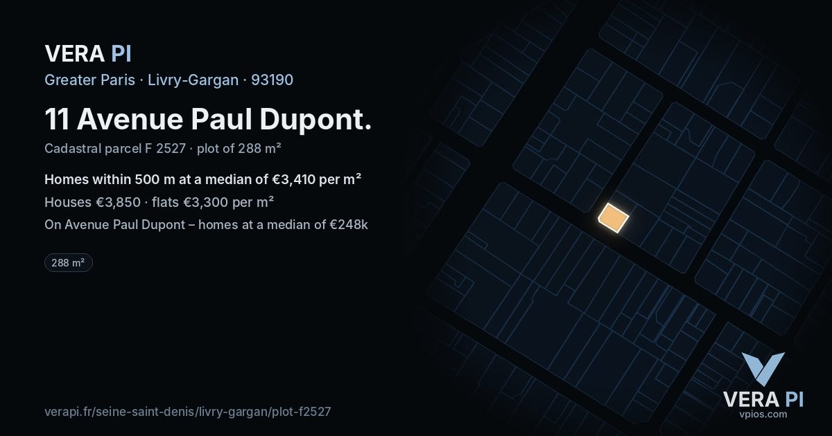 11 Avenue Paul Dupont, Livry-Gargan at night – the plot lit, the parcels around coloured by the prices near them