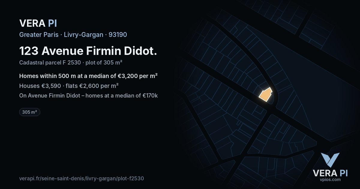 123 Avenue Firmin Didot, Livry-Gargan at night – the plot lit, the parcels around coloured by the prices near them