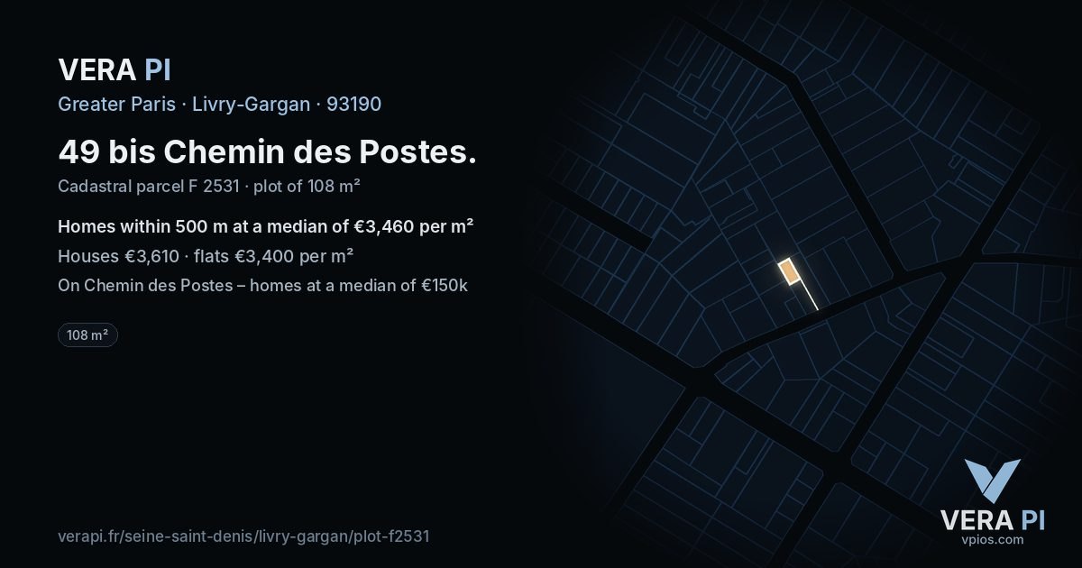 49 bis Chemin des Postes, Livry-Gargan at night – the plot lit, the parcels around coloured by the prices near them