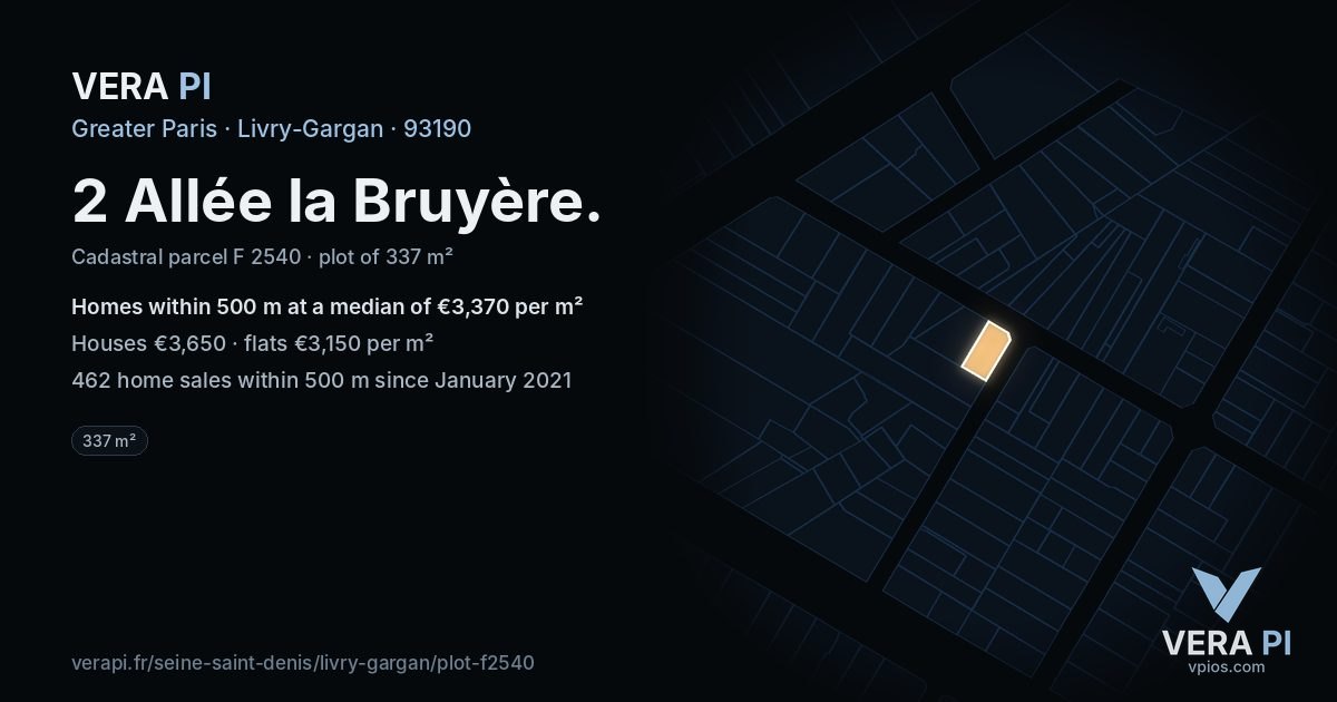 2 Allée la Bruyère, Livry-Gargan at night – the plot lit, the parcels around coloured by the prices near them