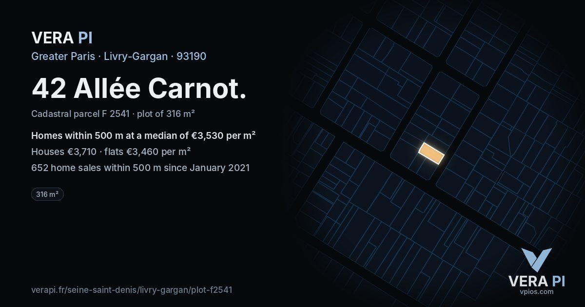 42 Allée Carnot, Livry-Gargan at night – the plot lit, the parcels around coloured by the prices near them