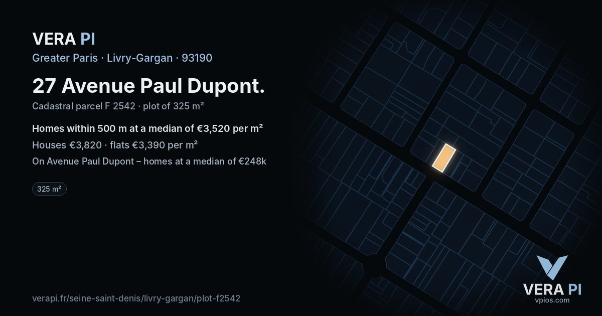 27 Avenue Paul Dupont, Livry-Gargan at night – the plot lit, the parcels around coloured by the prices near them