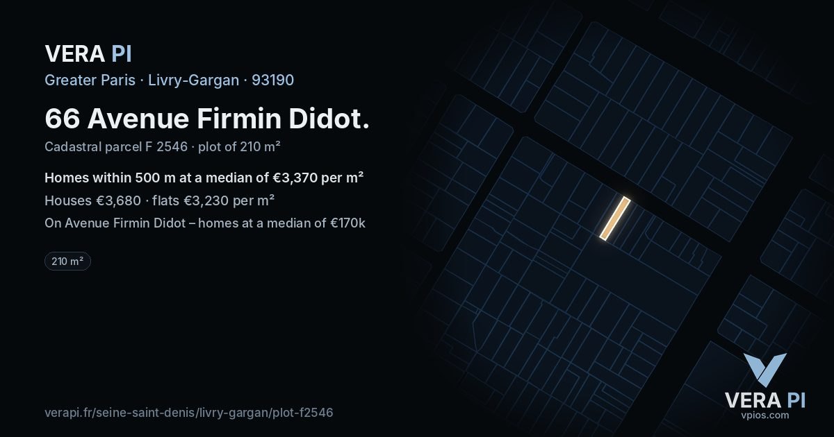 66 Avenue Firmin Didot, Livry-Gargan at night – the plot lit, the parcels around coloured by the prices near them