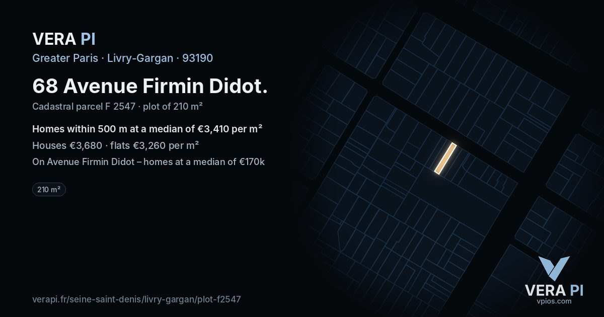 68 Avenue Firmin Didot, Livry-Gargan at night – the plot lit, the parcels around coloured by the prices near them