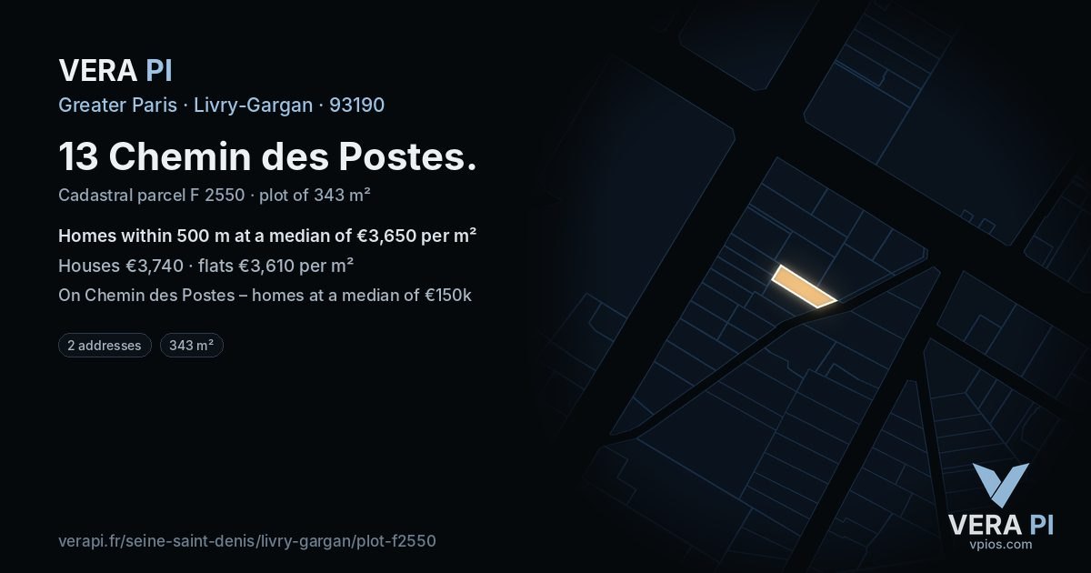 13 Chemin des Postes, Livry-Gargan at night – the plot lit, the parcels around coloured by the prices near them