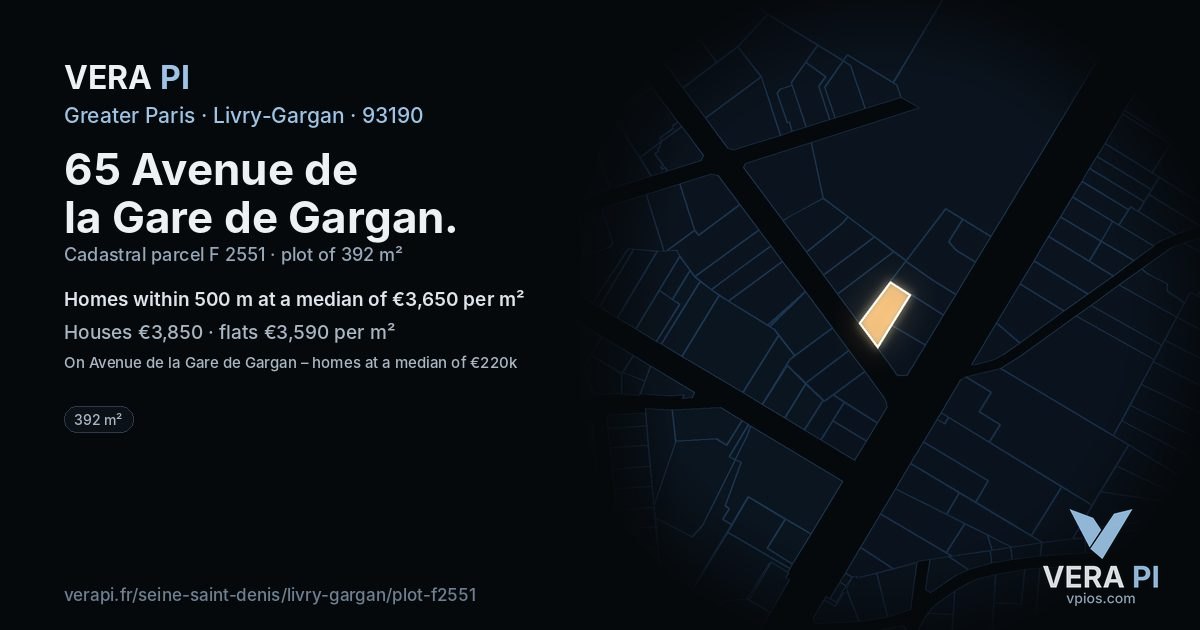 65 Avenue de la Gare de Gargan, Livry-Gargan at night – the plot lit, the parcels around coloured by the prices near them