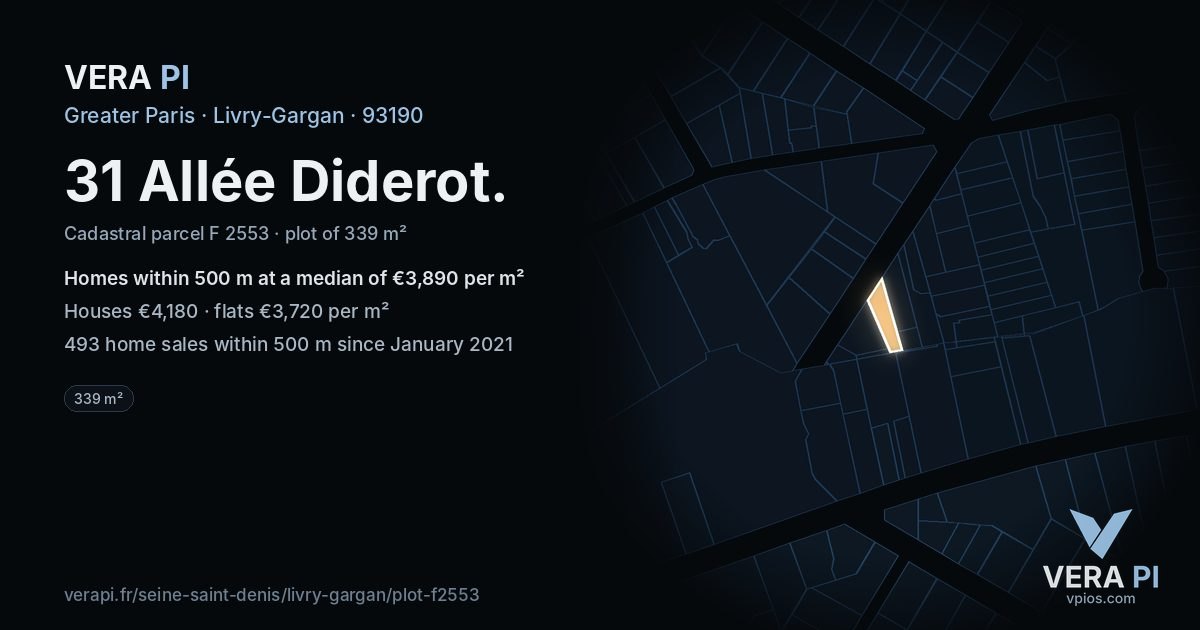 31 Allée Diderot, Livry-Gargan at night – the plot lit, the parcels around coloured by the prices near them
