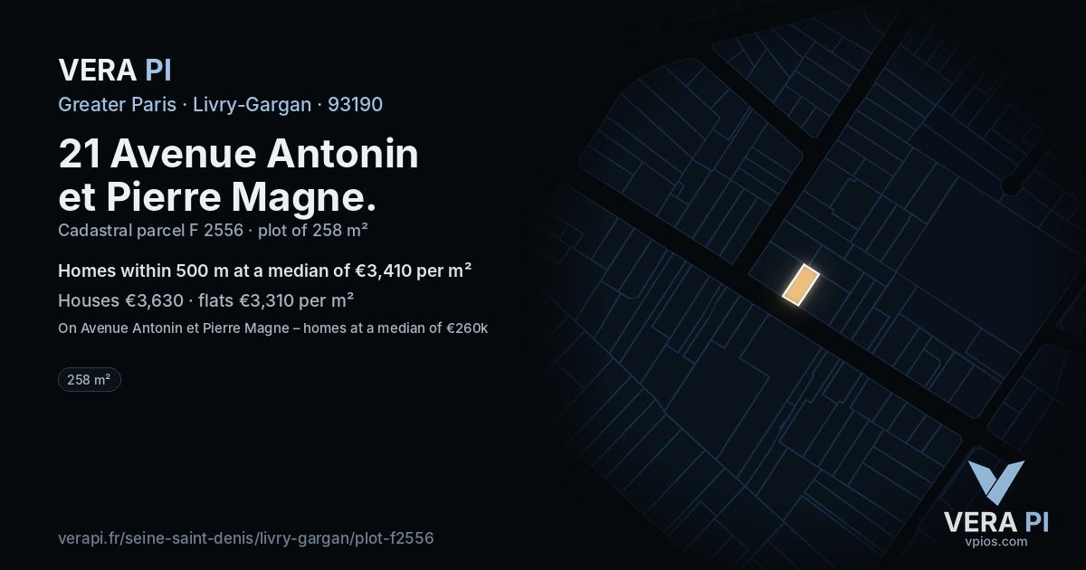 21 Avenue Antonin et Pierre Magne, Livry-Gargan at night – the plot lit, the parcels around coloured by the prices near them