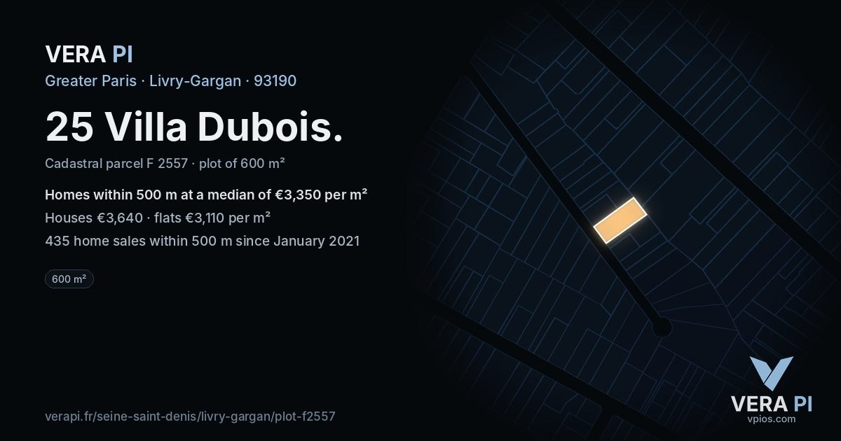 25 Villa Dubois, Livry-Gargan at night – the plot lit, the parcels around coloured by the prices near them