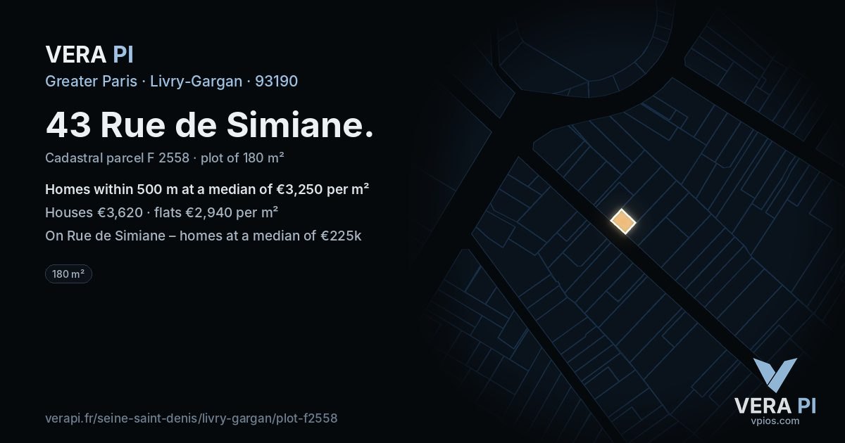 43 Rue de Simiane, Livry-Gargan at night – the plot lit, the parcels around coloured by the prices near them