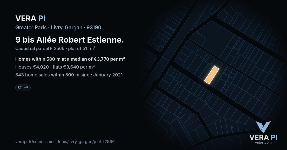 9 bis Allée Robert Estienne, Livry-Gargan at night – the plot lit, the parcels around coloured by the prices near them