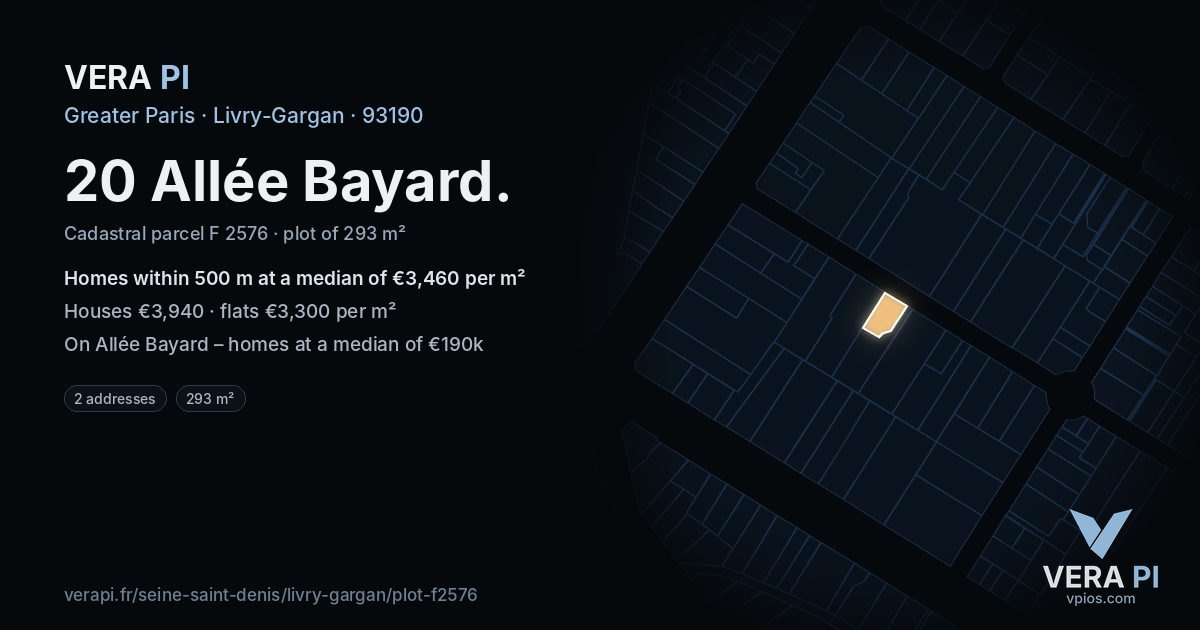 20 Allée Bayard, Livry-Gargan at night – the plot lit, the parcels around coloured by the prices near them