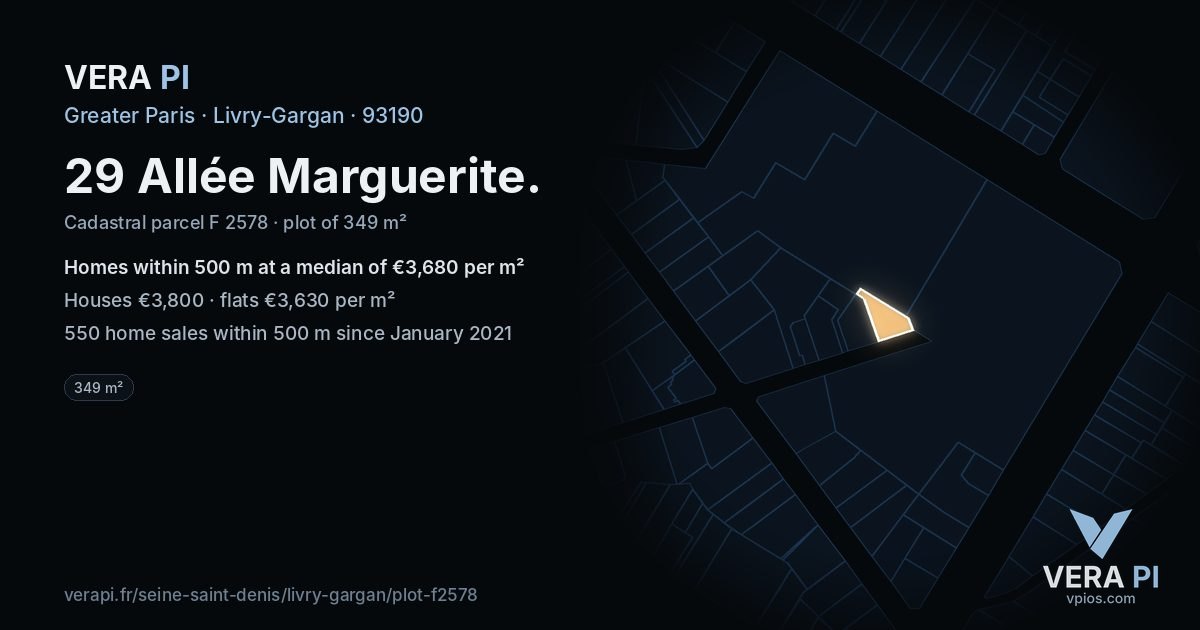 29 Allée Marguerite, Livry-Gargan at night – the plot lit, the parcels around coloured by the prices near them