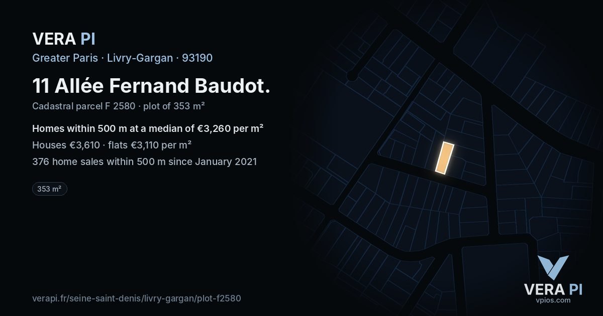 11 Allée Fernand Baudot, Livry-Gargan at night – the plot lit, the parcels around coloured by the prices near them