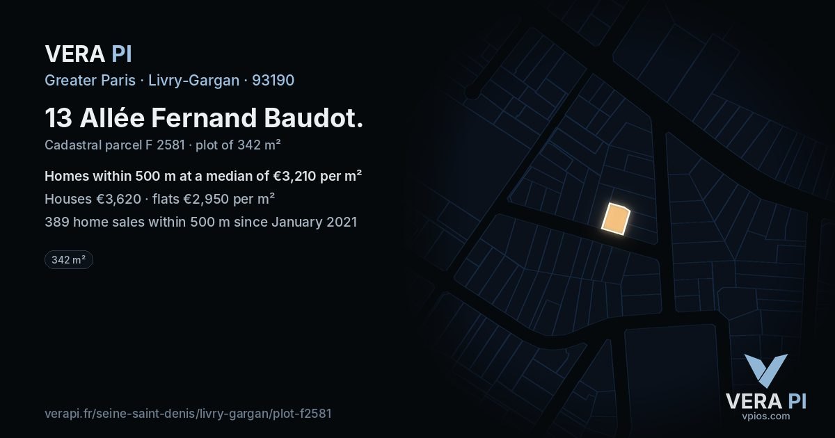 13 Allée Fernand Baudot, Livry-Gargan at night – the plot lit, the parcels around coloured by the prices near them