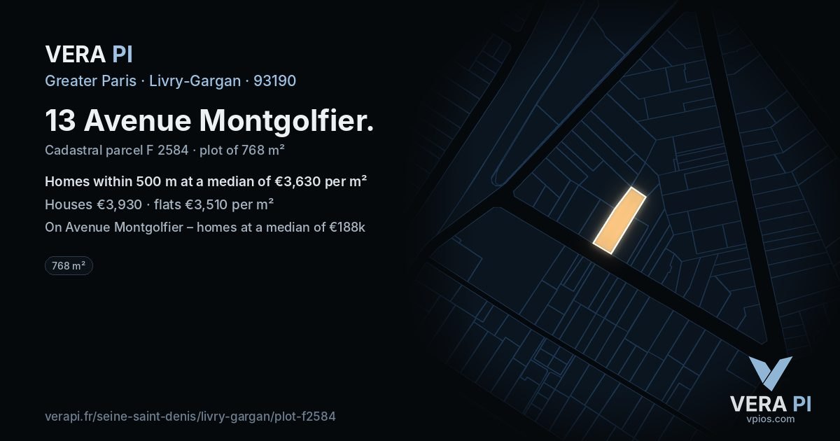 13 Avenue Montgolfier, Livry-Gargan at night – the plot lit, the parcels around coloured by the prices near them