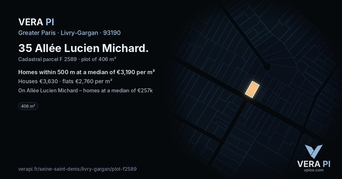 35 Allée Lucien Michard, Livry-Gargan at night – the plot lit, the parcels around coloured by the prices near them