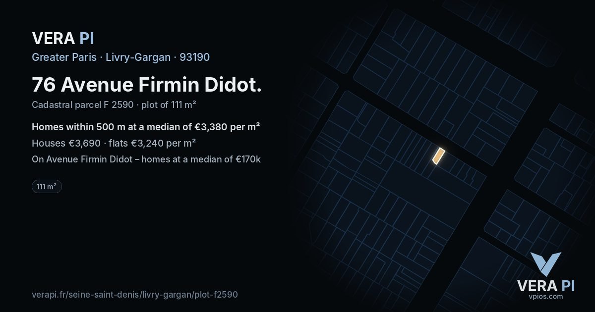 76 Avenue Firmin Didot, Livry-Gargan at night – the plot lit, the parcels around coloured by the prices near them