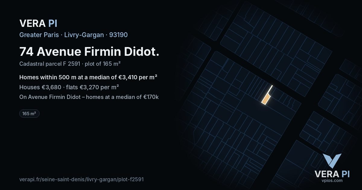 74 Avenue Firmin Didot, Livry-Gargan at night – the plot lit, the parcels around coloured by the prices near them