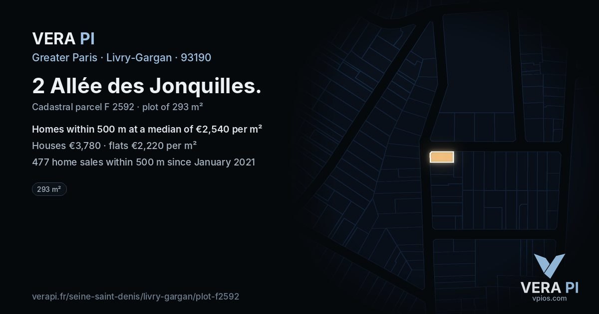 2 Allée des Jonquilles, Livry-Gargan at night – the plot lit, the parcels around coloured by the prices near them