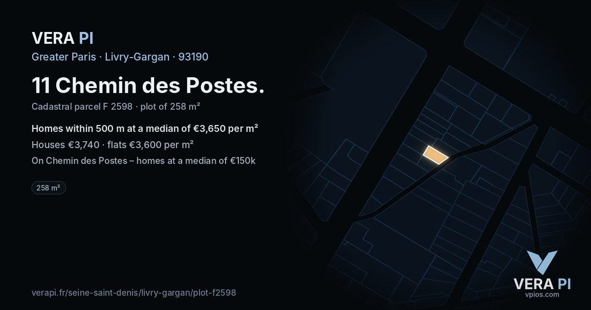 11 Chemin des Postes, Livry-Gargan at night – the plot lit, the parcels around coloured by the prices near them