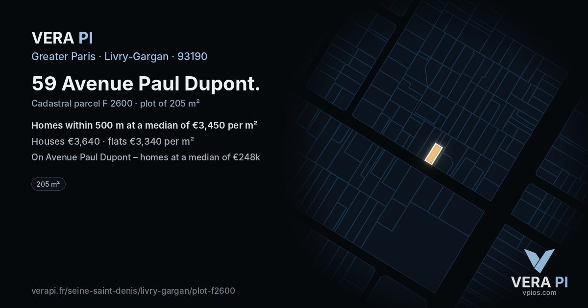 59 Avenue Paul Dupont, Livry-Gargan at night – the plot lit, the parcels around coloured by the prices near them