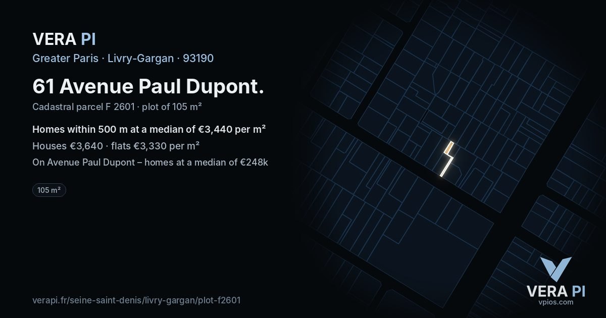 61 Avenue Paul Dupont, Livry-Gargan at night – the plot lit, the parcels around coloured by the prices near them