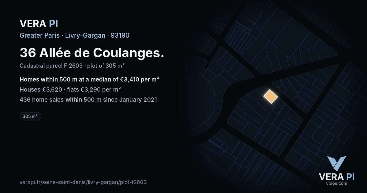 36 Allée de Coulanges, Livry-Gargan at night – the plot lit, the parcels around coloured by the prices near them