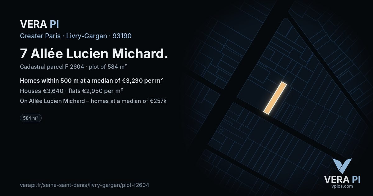 7 Allée Lucien Michard, Livry-Gargan at night – the plot lit, the parcels around coloured by the prices near them