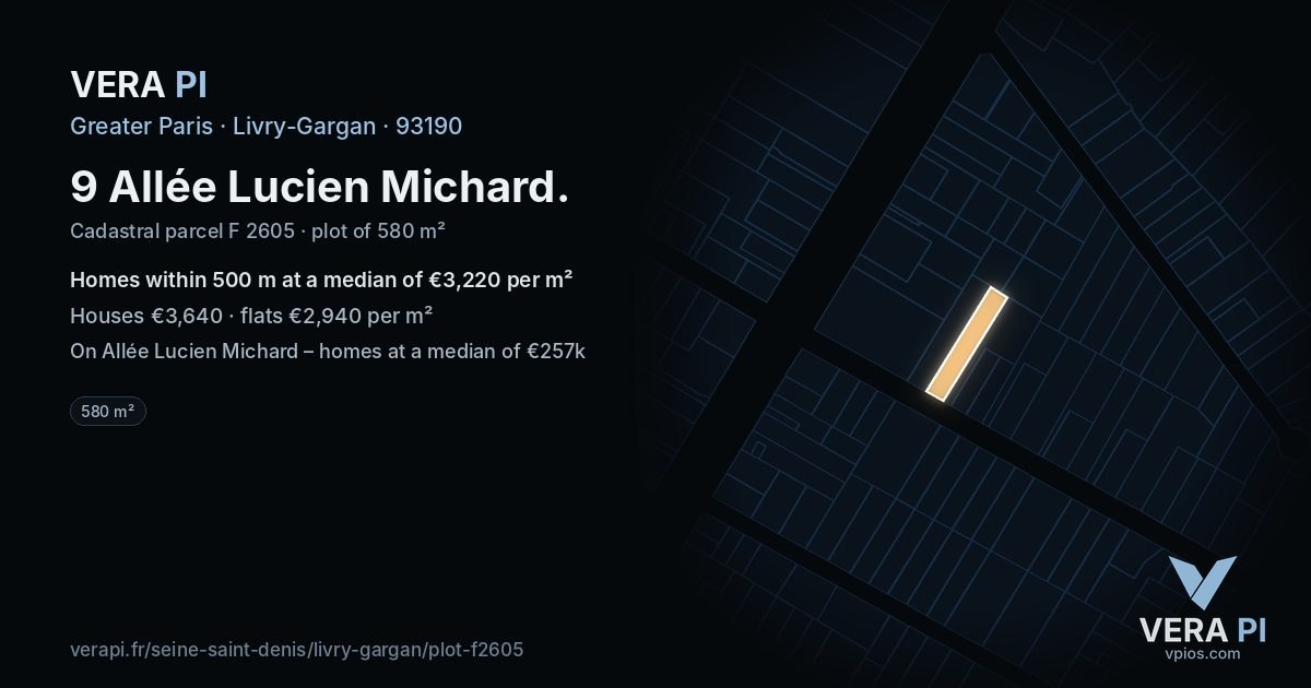 9 Allée Lucien Michard, Livry-Gargan at night – the plot lit, the parcels around coloured by the prices near them