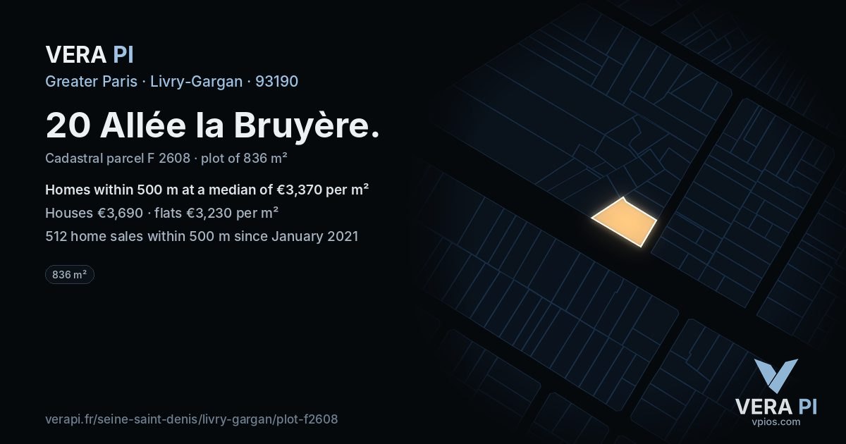 20 Allée la Bruyère, Livry-Gargan at night – the plot lit, the parcels around coloured by the prices near them