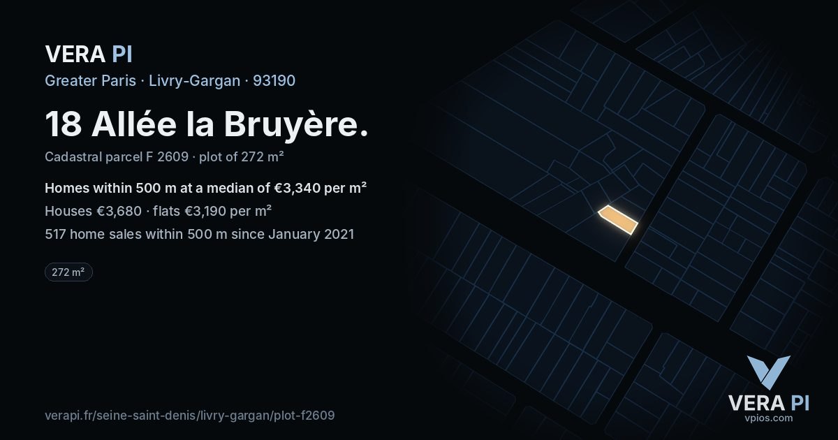 18 Allée la Bruyère, Livry-Gargan at night – the plot lit, the parcels around coloured by the prices near them