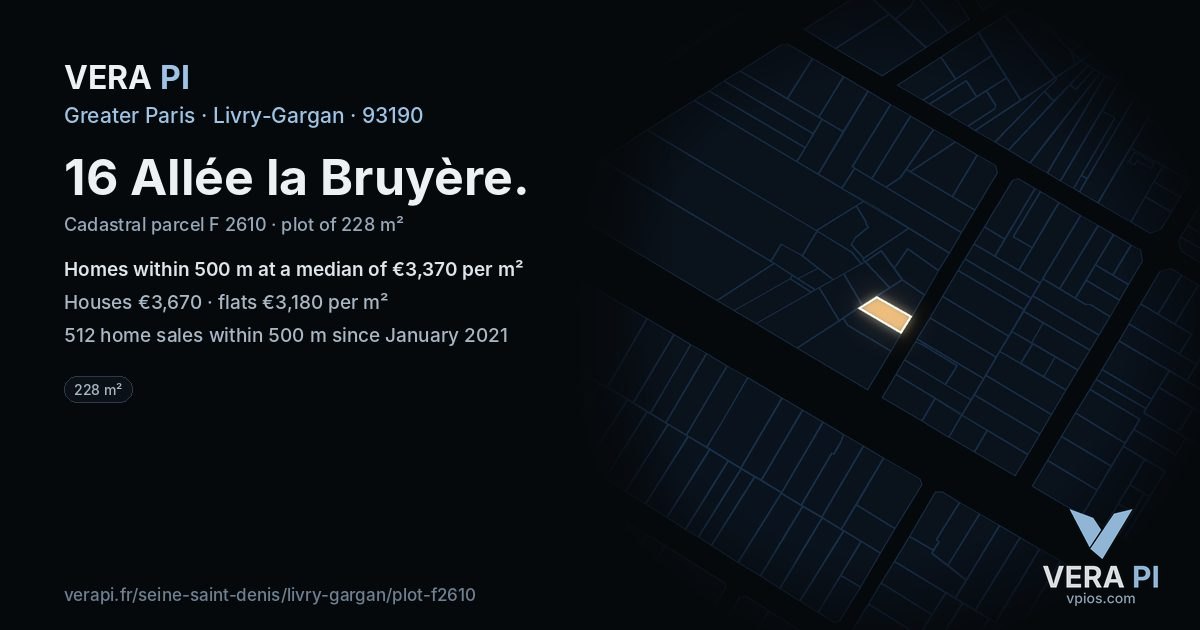 16 Allée la Bruyère, Livry-Gargan at night – the plot lit, the parcels around coloured by the prices near them