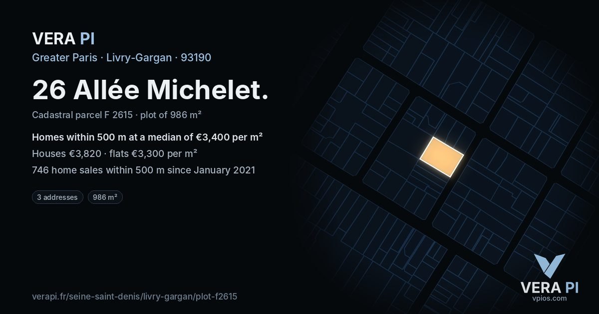 26 Allée Michelet, Livry-Gargan at night – the plot lit, the parcels around coloured by the prices near them
