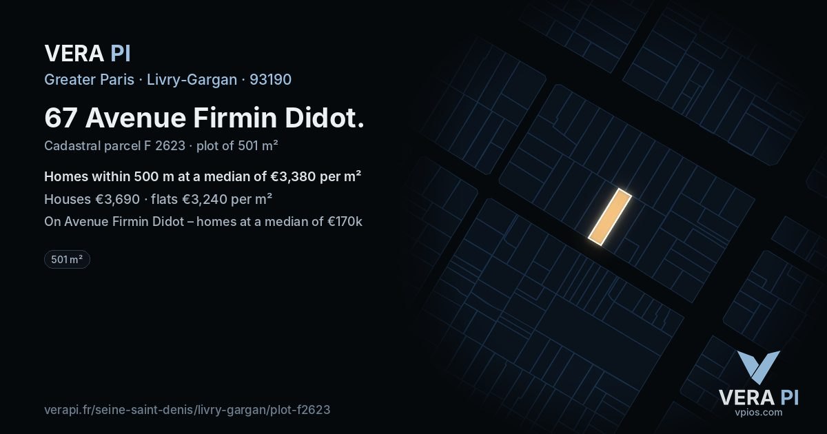 67 Avenue Firmin Didot, Livry-Gargan at night – the plot lit, the parcels around coloured by the prices near them