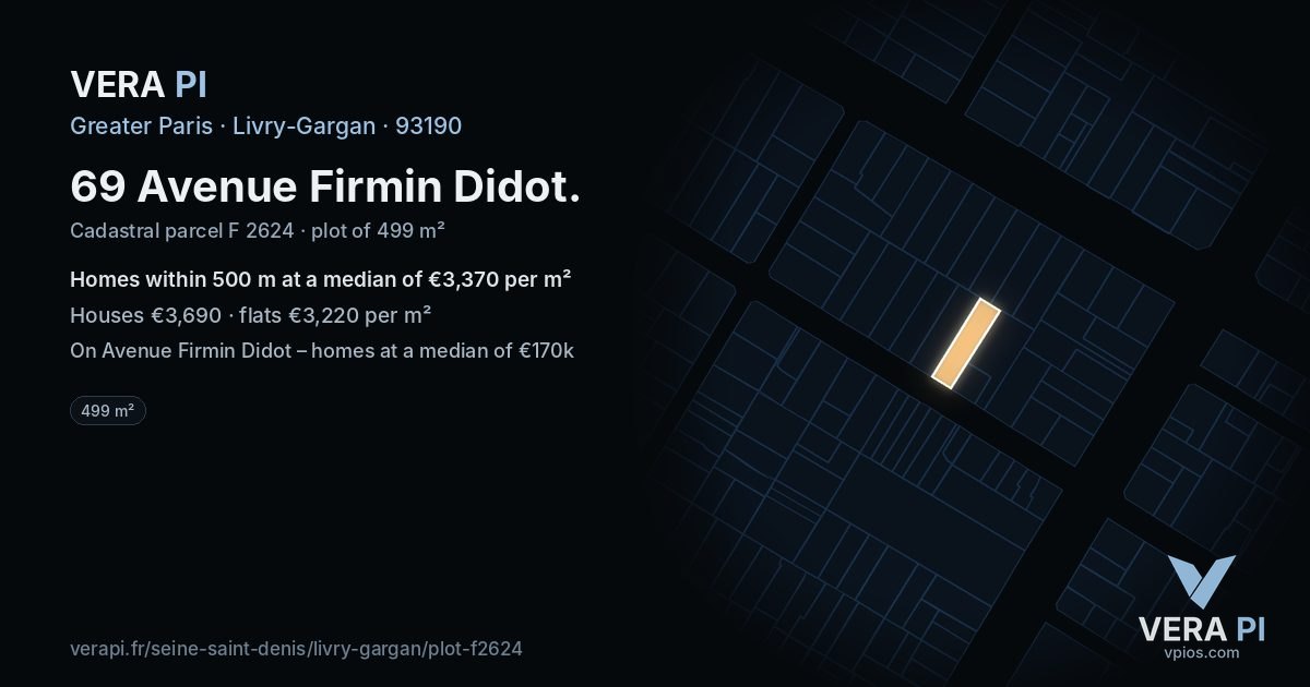 69 Avenue Firmin Didot, Livry-Gargan at night – the plot lit, the parcels around coloured by the prices near them