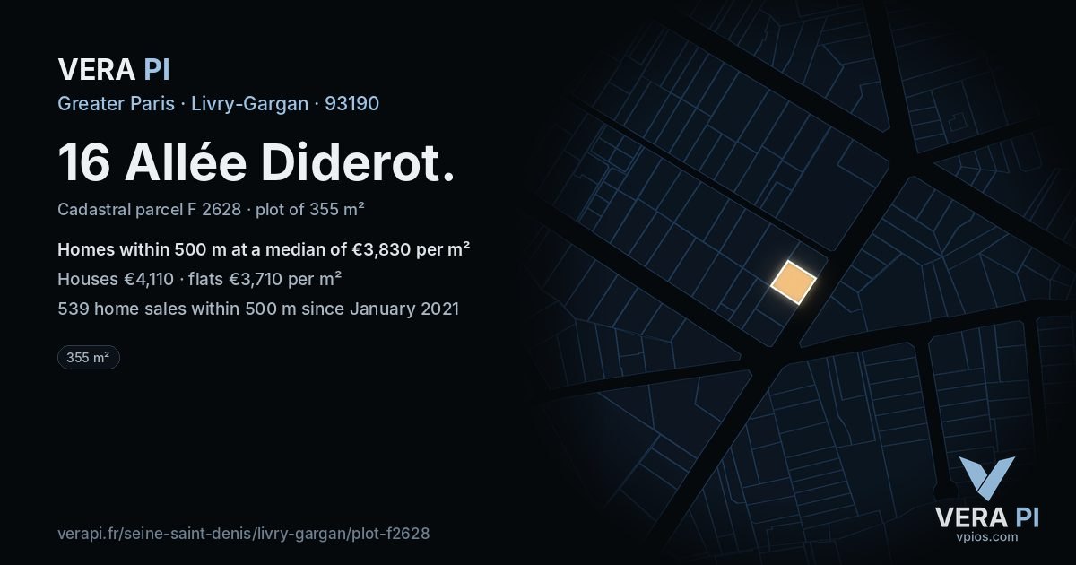 16 Allée Diderot, Livry-Gargan at night – the plot lit, the parcels around coloured by the prices near them